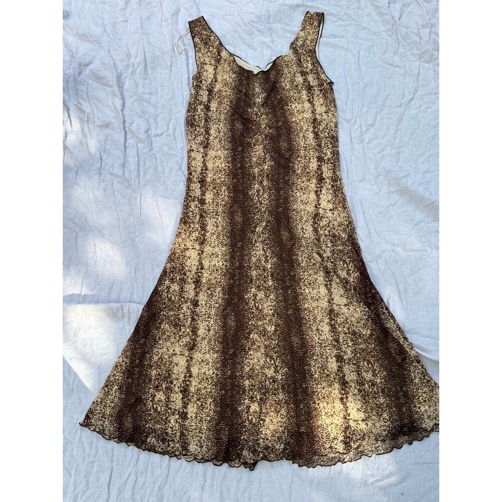 Y2K Whimsigoth Brown Mesh Ruched Lettuce Trim Midi Dress python snake print - Picture 2 of 7
